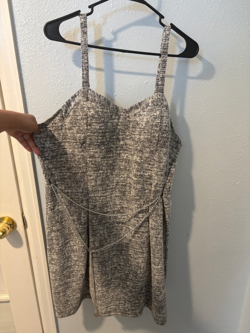 Tweed-Effect Gray Midi Dress with Spaghetti Straps